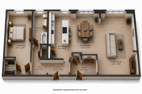 Floor plan for 1 bed, 1 bath, 988 sqft