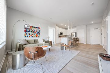 Columbus apartment for rent - A modern living room with a grey sofa and a wooden chair.