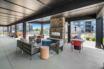 Outdoor lounge with fireplace