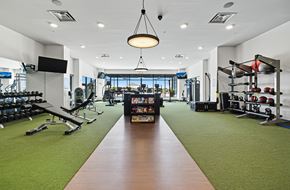 Columbus apartment for rent - A gym with a variety of equipment and a green carpet.