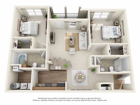 Floor plan for 2 beds, 2 baths, 1170 sqft