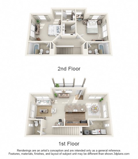 Floor plan for 2 beds, 2.5 baths, 1361 sqft