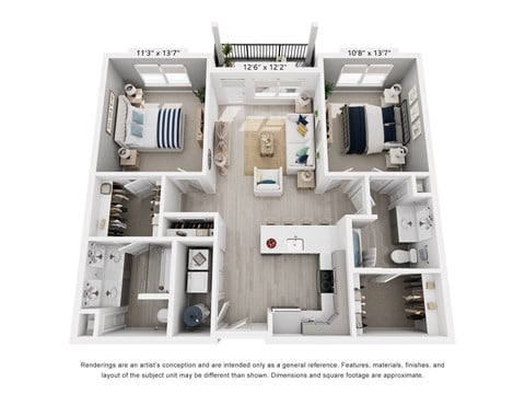 Floor plan for 2 beds, 2 baths, 1098 sqft