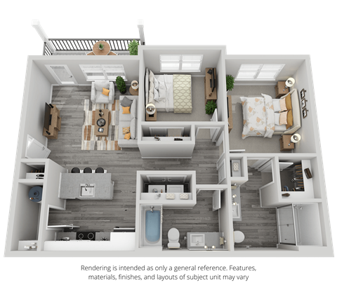 Floor plan for 2 beds, 2 baths, 956 sqft