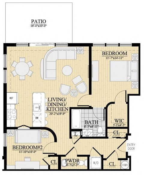 Floor plan for 2 beds, 1.5 baths, 973 sqft