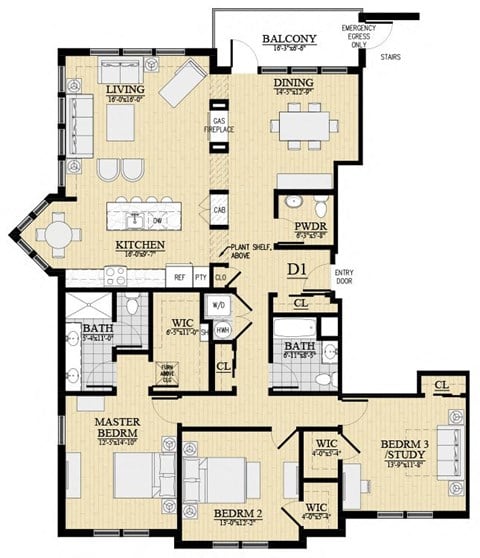 Floor plan for 3 beds, 2.5 baths, 1876 sqft