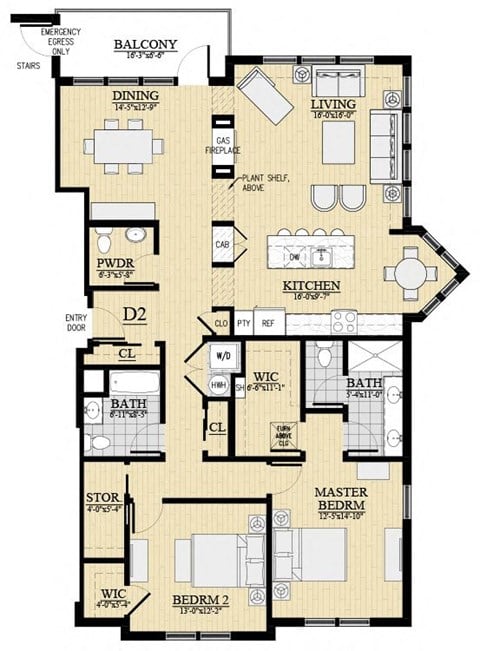 Floor plan for 2 beds, 2.5 baths, 1677 sqft