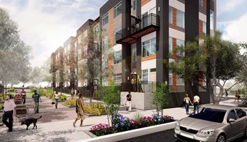 Baton Rouge apartment for rent - a rendering of a building with people walking on a sidewalk and cars