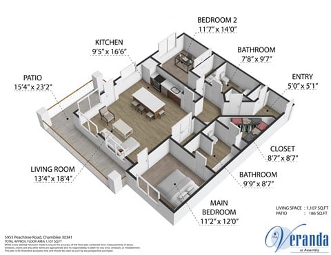 Floor plan for 2 beds, 2 baths, 1080 sqft