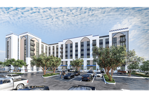 Opa Locka apartment for rent - A rendering of a modern building with a parking lot in front.