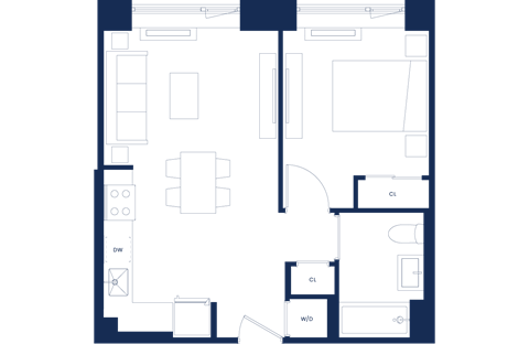 Floor plan for 1 bed, 1 bath, 542 sqft