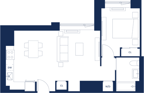 Floor plan for 1 bed, 1 bath, 705 sqft