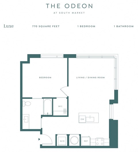 Floor plan for 1 bed, 1 bath, 770 sqft