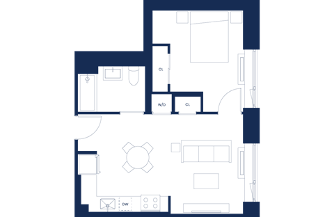 Floor plan for 1 bed, 1 bath, 604 sqft