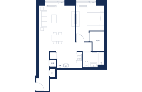 Floor plan for 1 bed, 1 bath, 796 sqft