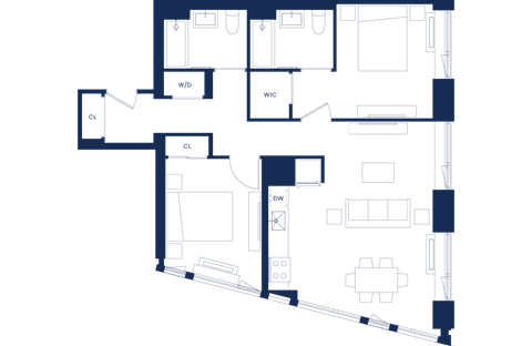 Floor plan for 2 beds, 2 baths, 990 sqft