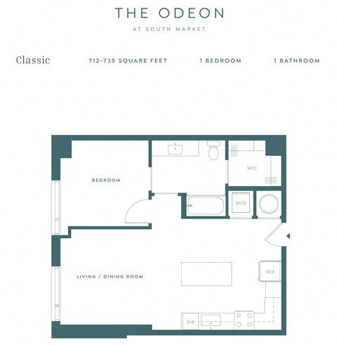 Floor plan for 1 bed, 1 bath, 713 sqft