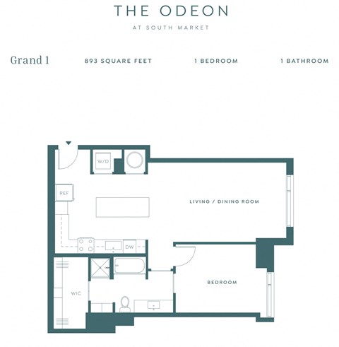 Floor plan for 1 bed, 1 bath, 893 sqft