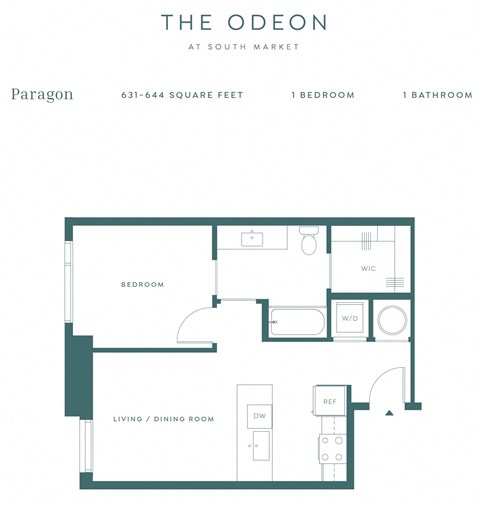 Floor plan for 1 bed, 1 bath, 644 sqft