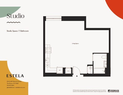 Floor plan for studio, 1 bath, 622 sqft