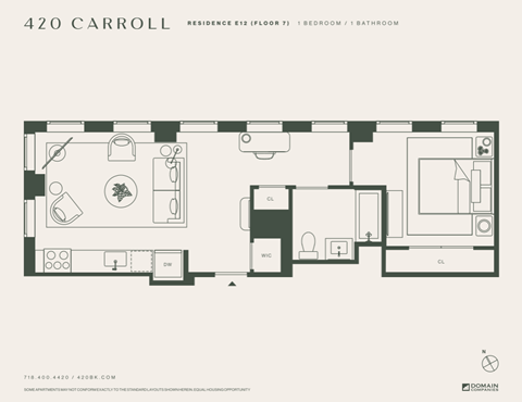 Floor plan for 1 bed, 1 bath, 639 sqft