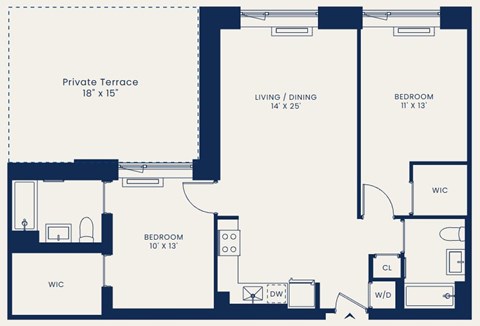 Floor plan for 2 beds, 2 baths, 686 sqft
