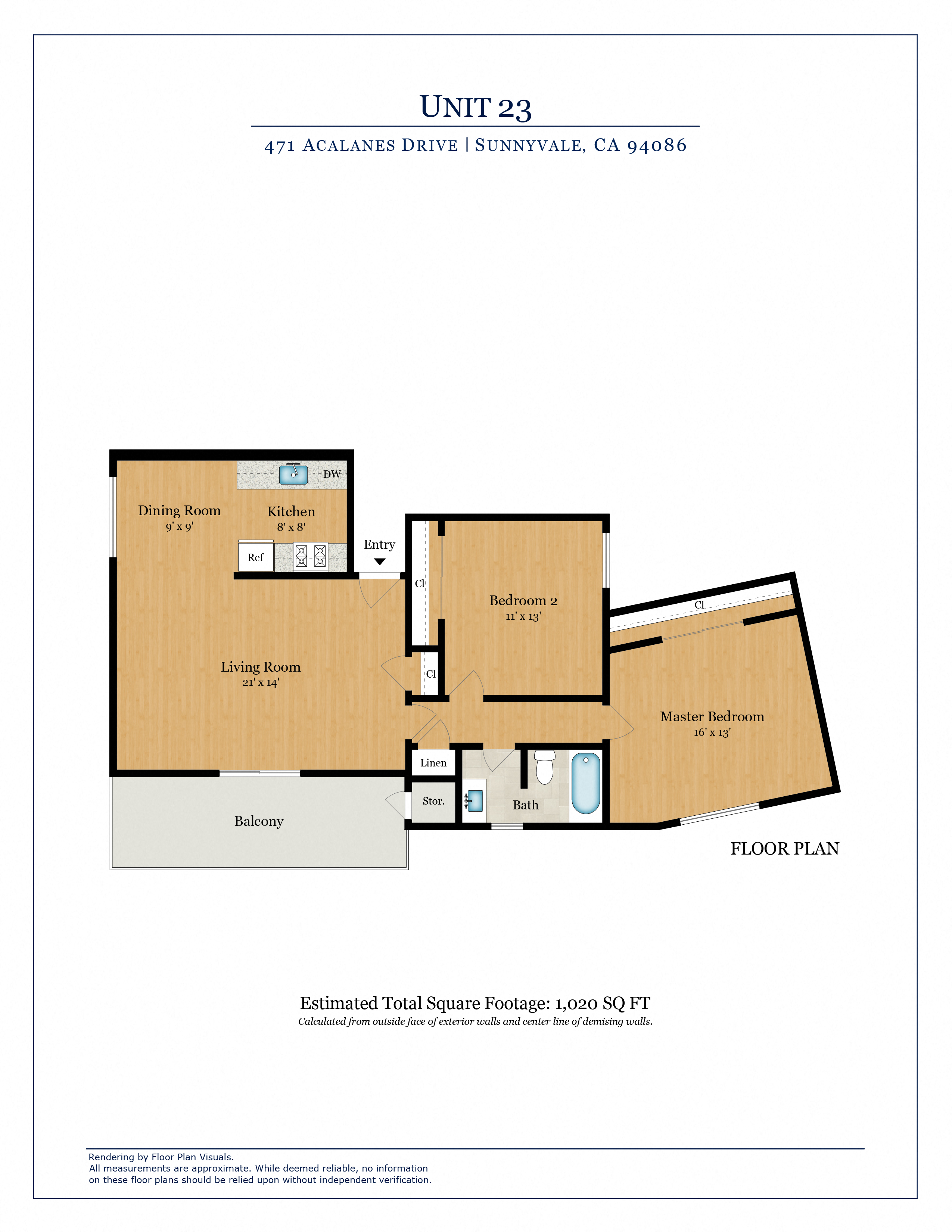 Floor plan for 2 beds, 1 bath, 930 sqft