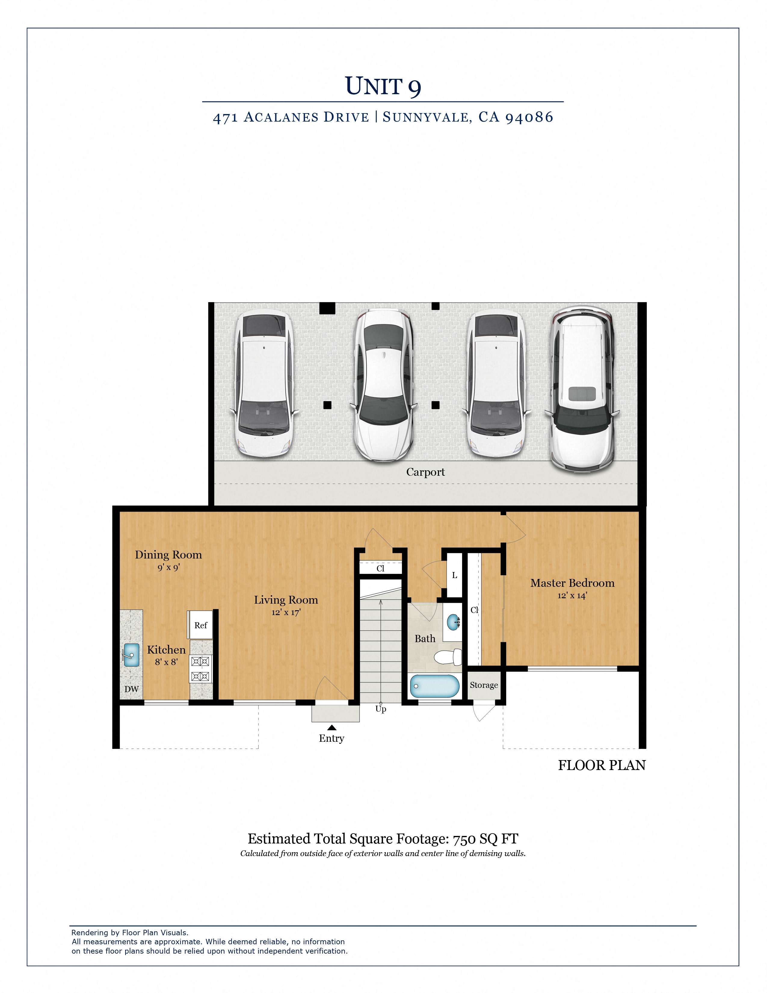 Floor plan for 1 bed, 1 bath, 750 sqft