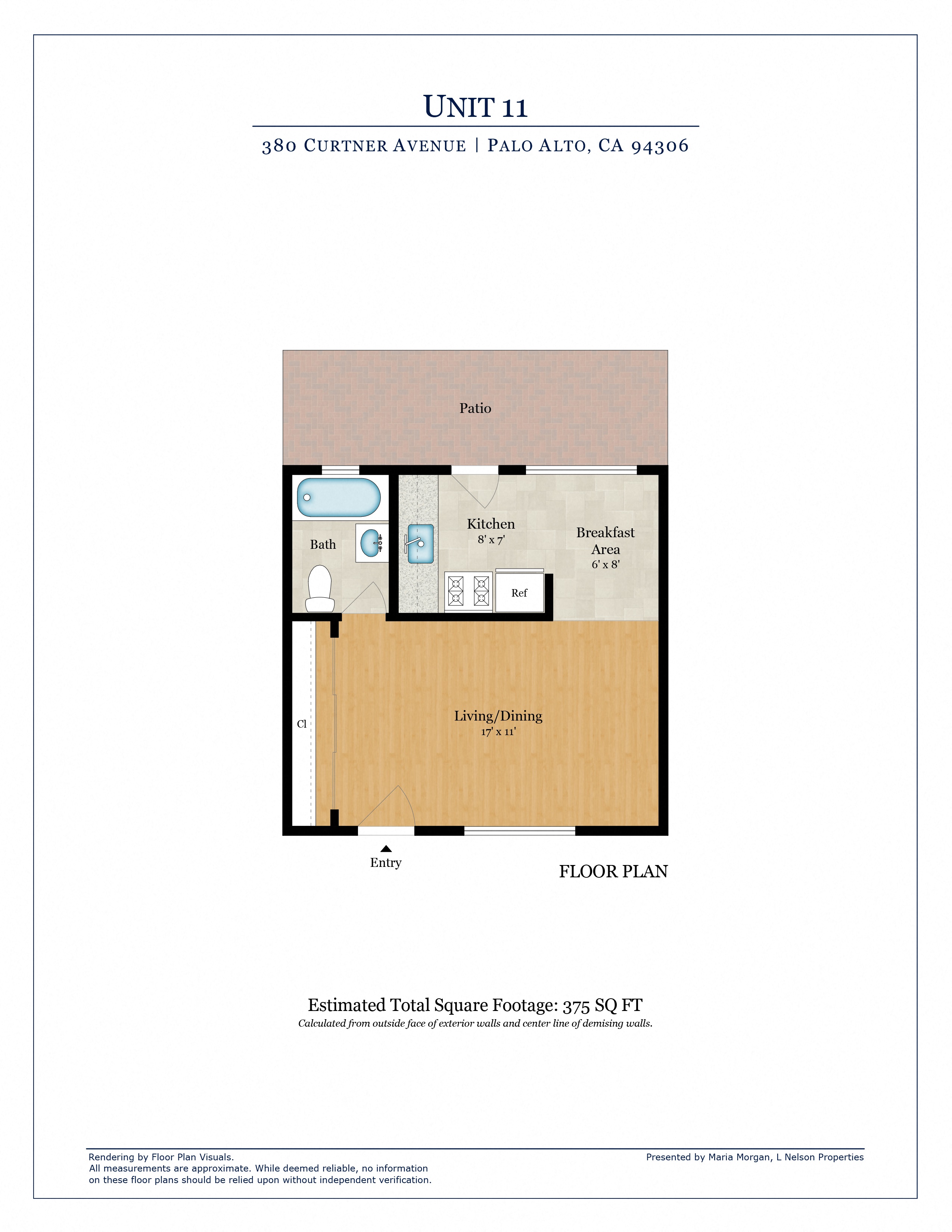 Floor plan for studio, 1 bath, 375 sqft