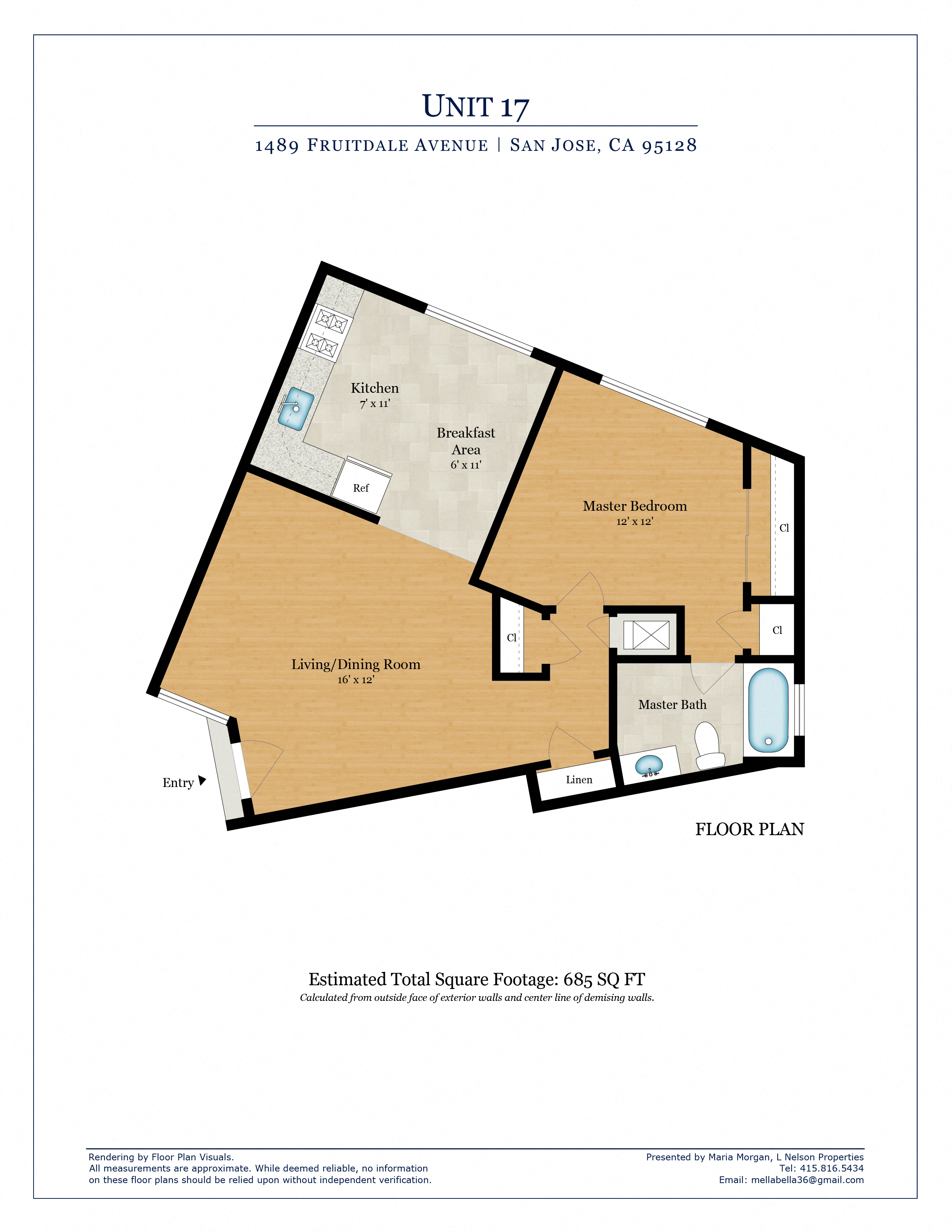 Floor plan for 1 bed, 1 bath, 770 sqft