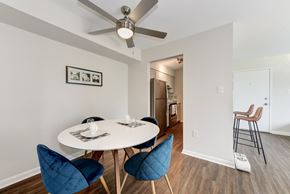 Alexandria apartment for rent - A dining room with a white table and blue chairs.