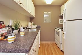 Germantown apartment for rent - A kitchen with a granite countertop and white appliances.