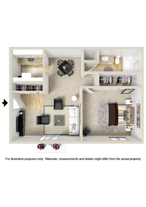 Floor plan for 1 bed, 1 bath, 604 sqft