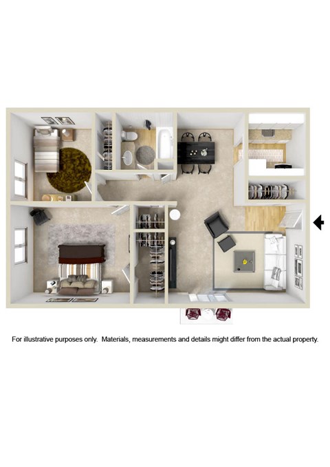 Floor plan for 2 beds, 1 bath, 779 sqft