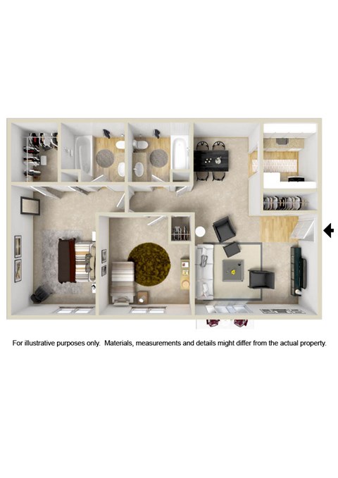 Floor plan for 2 beds, 2 baths, 836 sqft