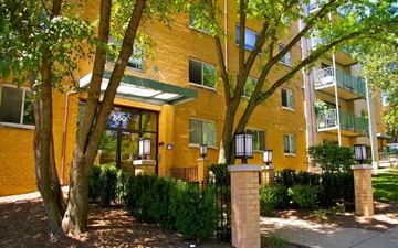 Arlington apartment for rent - A yellow building with a green awning and a tree in front.