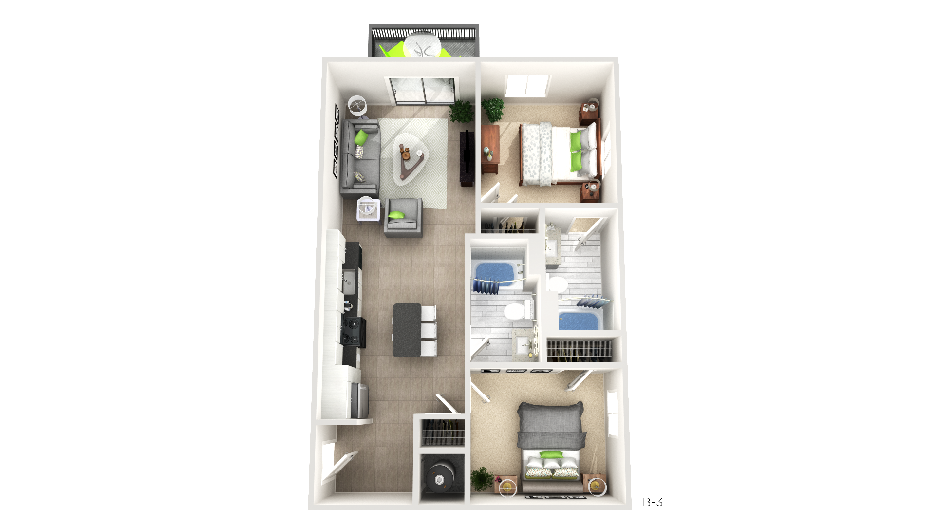Floor plan for 2 beds, 2 baths, 858 sqft