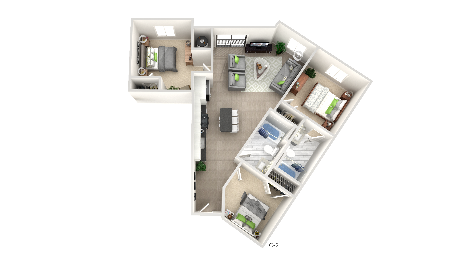 Floor plan for 3 beds, 2 baths, 480 sqft