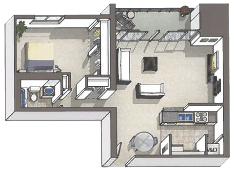 Floor plan for 1 bed, 1 bath, 815 sqft