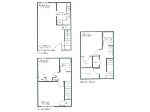 Floor plan for 3 beds, 2 baths, 1092 sqft