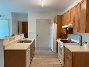 Alexandria apartment for rent - an empty kitchen with wooden cabinets and a white refrigerator