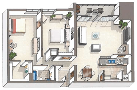 Floor plan for 2 beds, 1 bath, 980 sqft