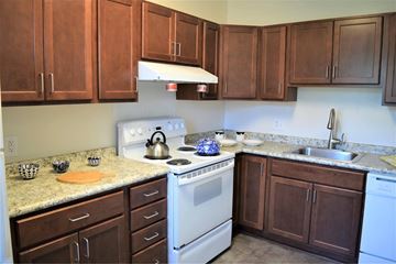Arlington apartment for rent - A kitchen with a white stove and brown cabinets.
