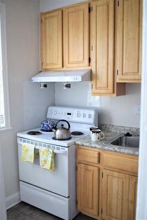 Arlington apartment for rent - A white stove with a kettle on top and a pot on the stove.