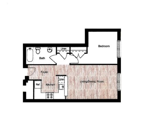 Floor plan for 1 bed, 1 bath, 693 sqft
