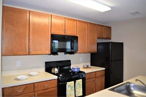 Arlington apartment for rent - A kitchen with black appliances and wooden cabinets.