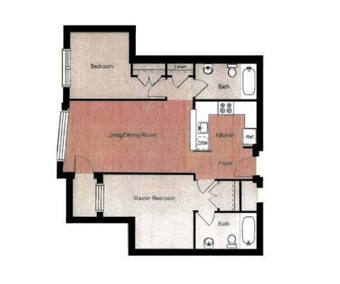 Floor plan for 2 beds, 1 bath, 898 sqft