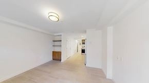 Arlington apartment for rent - A long hallway with a light on the ceiling and a cabinet in the middle.