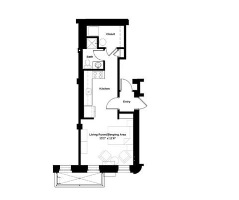 Floor plan for studio, 1 bath, 442 sqft