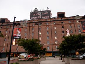 Baltimore apartment for rent - A large brick building with a sign that says Oriole Park at Camden Yards.